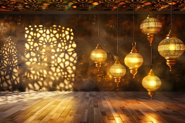 Realistic islamic new year background with lanterns and palace