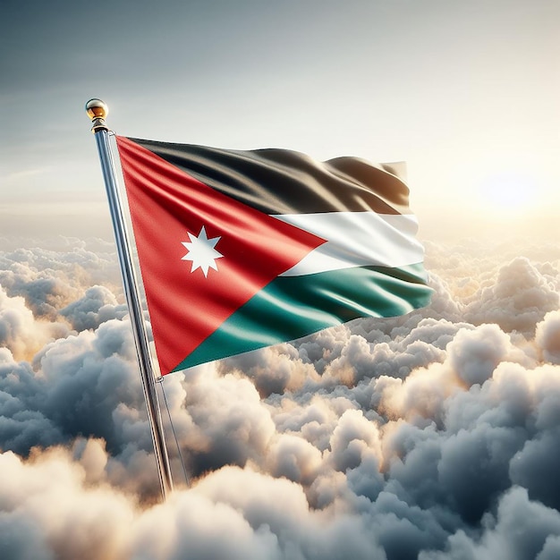 Realistic Jordan Flag on flag pole waving in the wind against white clouds