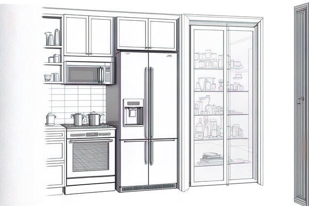 Realistic kitchen drawing on a white background with an open door and food inside