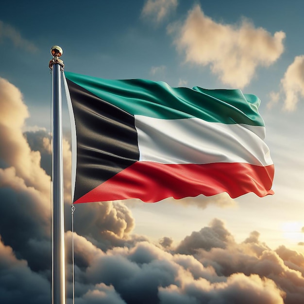 Realistic Kuwait Flag on flag pole waving in the wind against white clouds