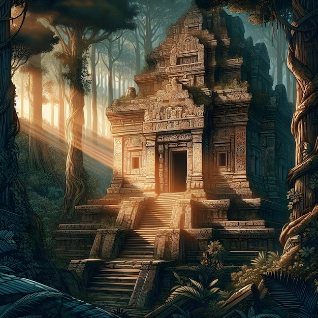 realistic landscape beautiful ancient temple hidden in a forest with intricate carvings