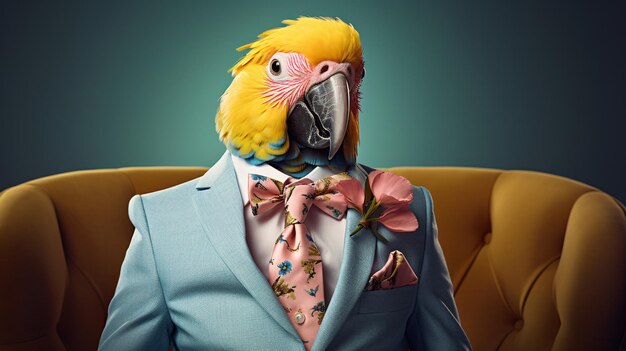 Photo realistic lifelike parrot bird in dapper high end