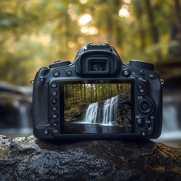 Photo realistic low angle canoneos 6d camera photo with an attractive image of a waterfall inside the le