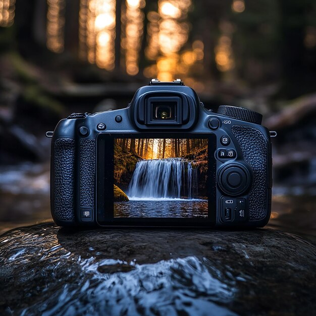 Photo realistic low angle canoneos 6d camera photo with an attractive image of a waterfall inside the le