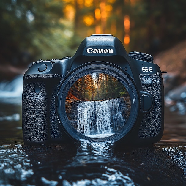 Realistic low angle CanonEOS 6D camera photo with an attractive image of a waterfall inside the le