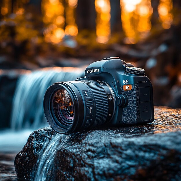 Photo realistic low angle canoneos 6d camera photo with an attractive image of a waterfall inside the le