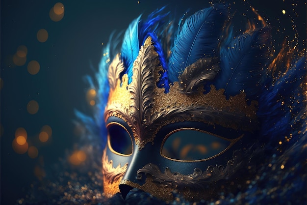 Realistic luxury carnival mask with blue feathers Abstract blurred background gold dust and light effects Ai generated