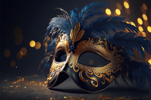 Realistic luxury carnival mask with blue feathers Abstract blurred background gold dust and light effects Ai generated