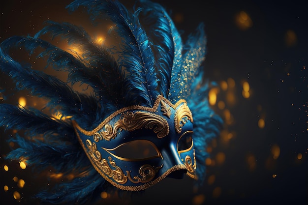 Realistic luxury carnival mask with blue feathers Abstract blurred background gold dust and light effects Ai generated