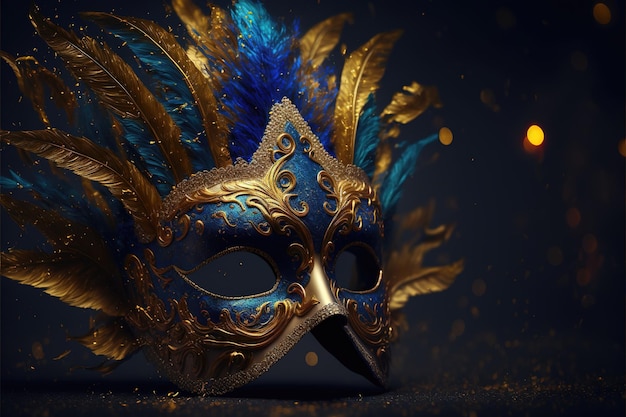 Realistic luxury carnival mask with blue feathers Abstract blurred background gold dust and light effects Ai generated