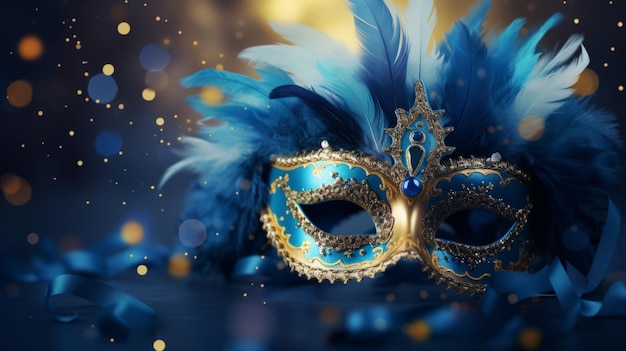 Realistic luxury carnival mask with blue feathers Abstract blurred background