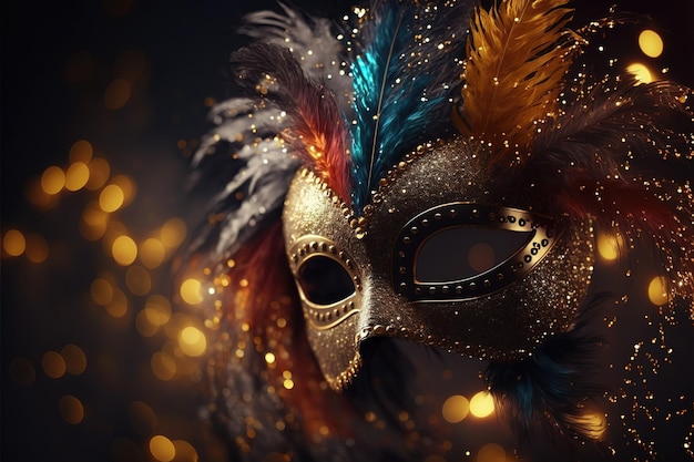 Realistic luxury carnival mask with colorful feathers Abstract blurred background gold dust and light effects Ai generated