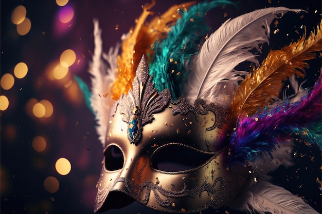 Realistic luxury carnival mask with colorful feathers Abstract blurred background gold dust and light effects Ai generated