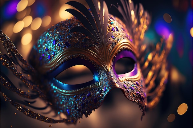 Realistic luxury carnival mask with colorful feathers Abstract blurred background gold dust and light effects Ai generated