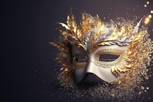 Realistic luxury carnival mask with feathers gold dust and light effects Ai generated