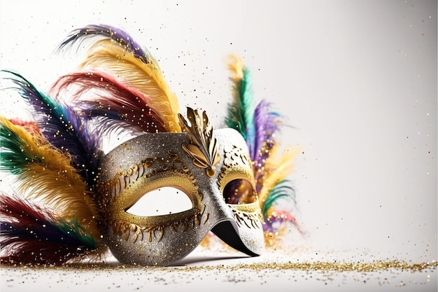 Realistic luxury carnival mask with feathers gold dust and light effects Ai generated