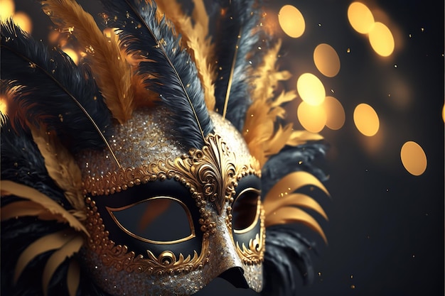 Realistic luxury carnival mask with yellow feathers Abstract blurred background gold dust and light effects Ai generated