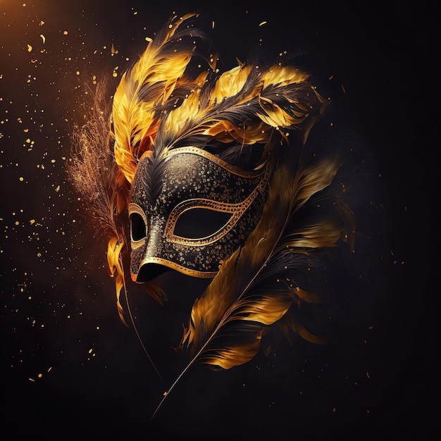 Realistic luxury carnival mask with yellow feathers Abstract blurred background gold dust and light effects Ai generated