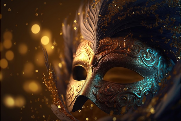 Realistic luxury carnival mask with yellow feathers Abstract blurred background gold dust and light effects Ai generated