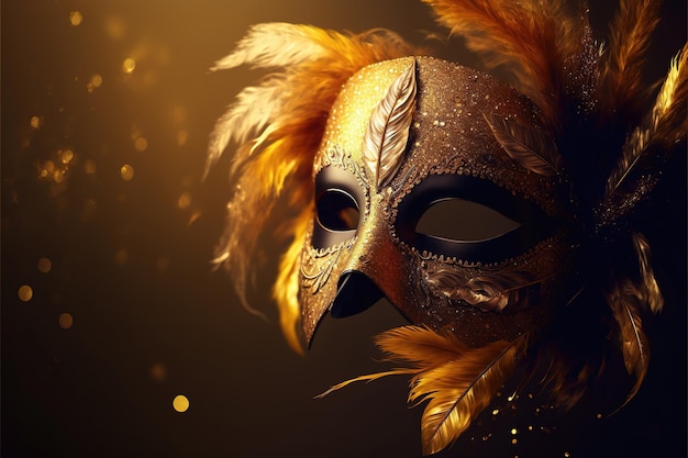 Realistic luxury carnival mask with yellow feathers Abstract blurred background gold dust and light effects Ai generated