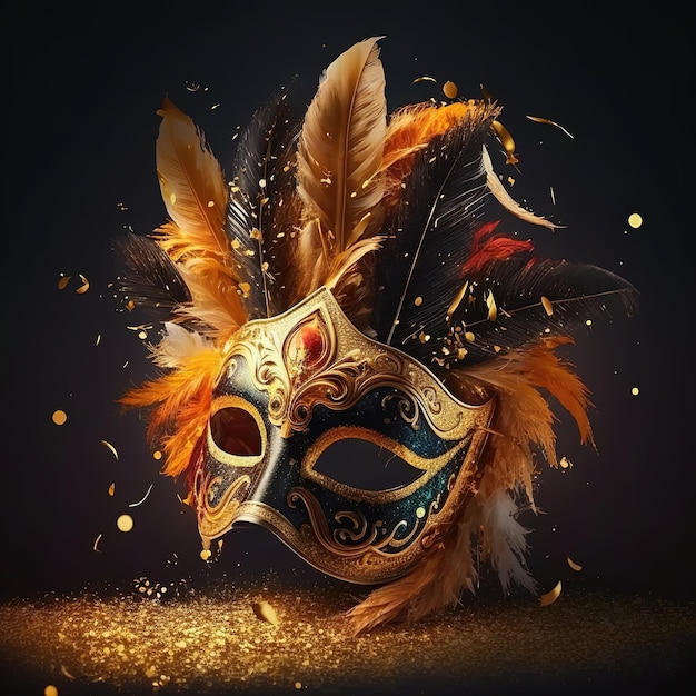 Realistic luxury carnival mask with yellow feathers Abstract blurred background gold dust and light effects Ai generated