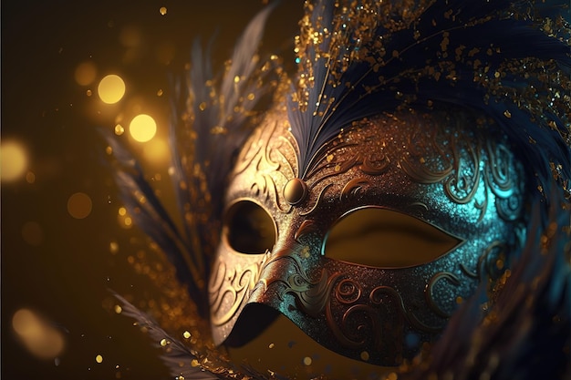 Realistic luxury carnival mask with yellow feathers Abstract blurred background gold dust and light effects Ai generated