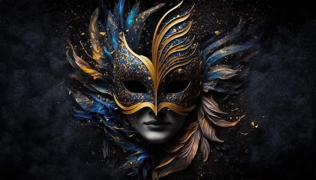 Realistic luxury venetian carnival mask with feathers and decoration Abstract blurred dark background gold dust and cinematic light effects Generative Ai