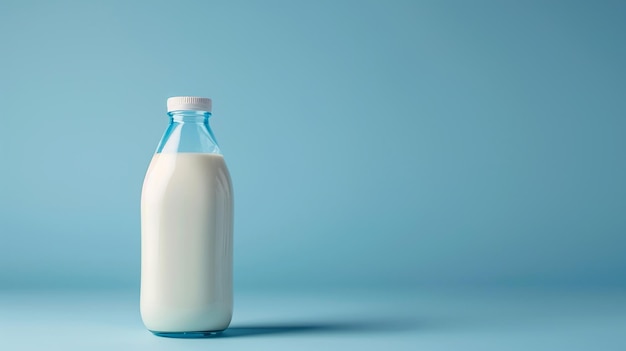 Realistic milk drink mockup Transparent bottle with white milk on blue background