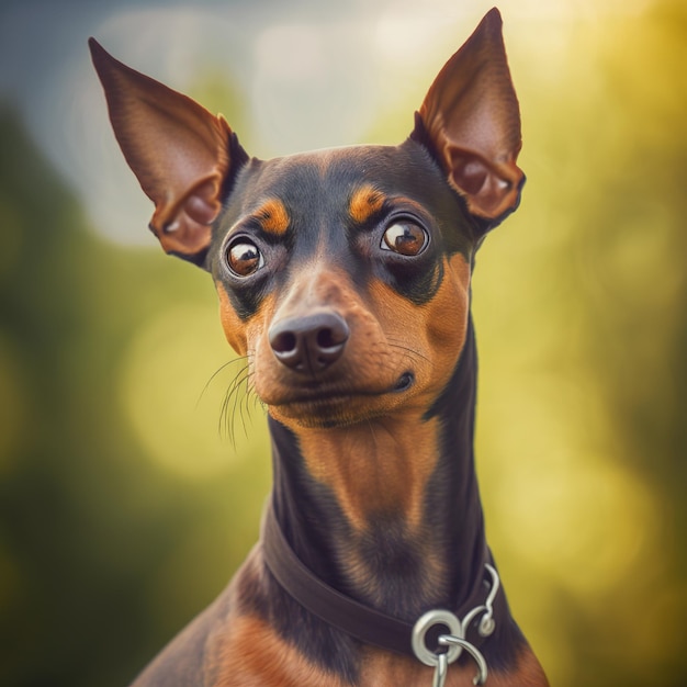 Realistic miniature pinscher on ravishing natural outdoor background