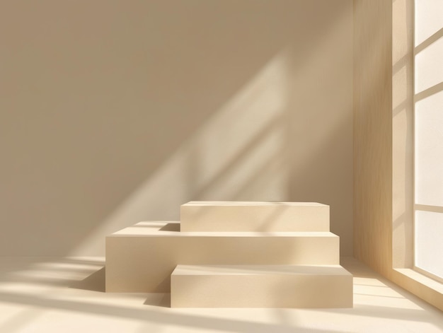 Realistic minimal cube podium in beige color scene