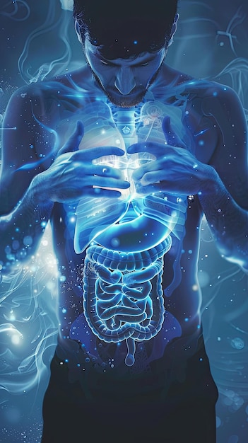 Realistic Minimalist Full Body Illustration of a Man Displaying Internal Organs in a Blue Glow