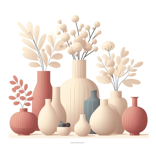 Realistic minimalistic vases of various size and shape with flowers for modern room