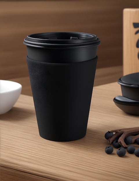 Realistic mockup black paper cup on wooden table