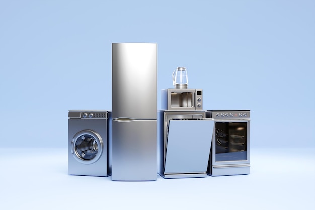 Realistic mockup of a washing machine dishwasher stove and refrigerator on a blue background 3d Household appliances for household chores