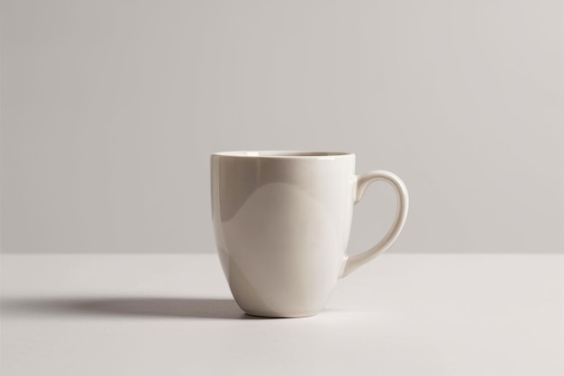 Photo realistic mockup of a white ceramic mug standing on a light surface