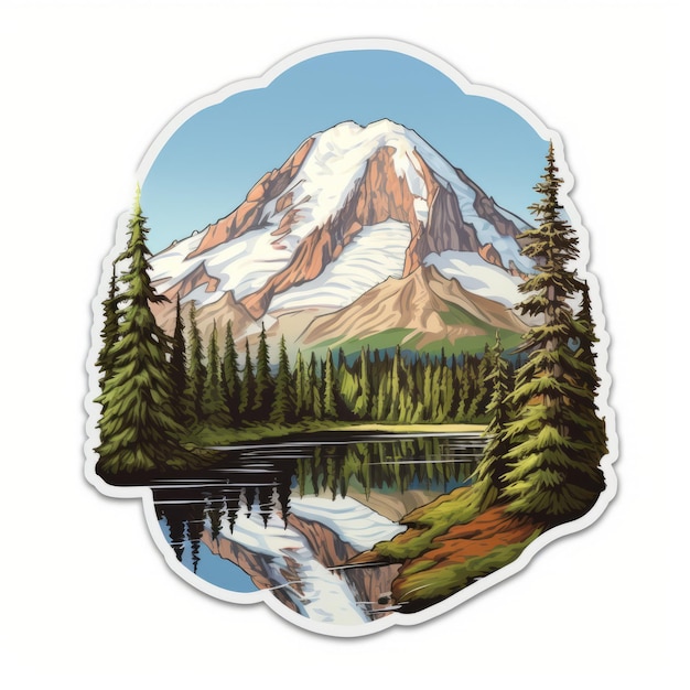 Realistic Mount Rainier Sticker Detailed Mountain And Lake Illustration