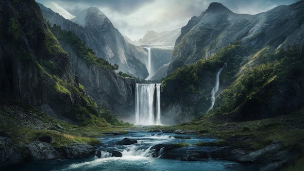 realistic mountain waterfall background