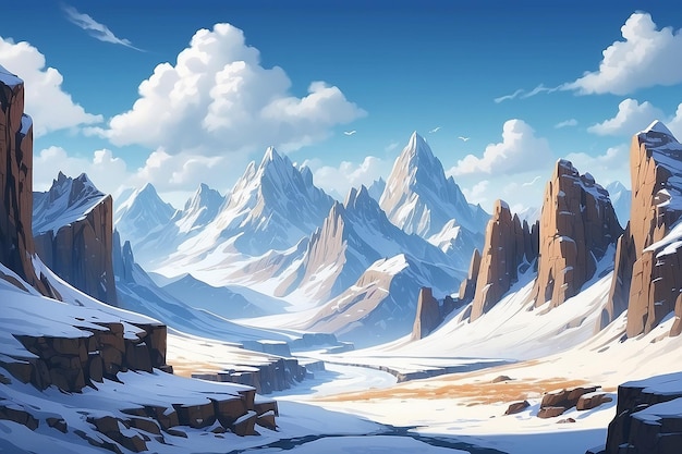 Realistic mountains composition with horizontal landscape and cliffs covered with snow with blue sky and clouds illustration