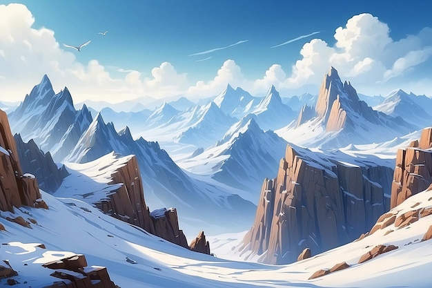 Realistic mountains composition with horizontal landscape and cliffs covered with snow with blue sky and clouds illustration