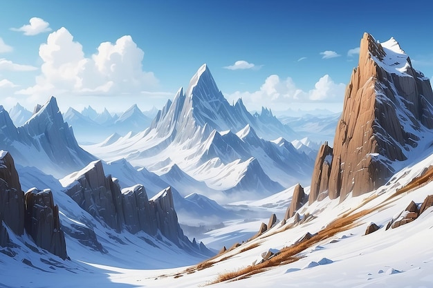 Realistic mountains composition with horizontal landscape and cliffs covered with snow with blue sky and clouds illustration