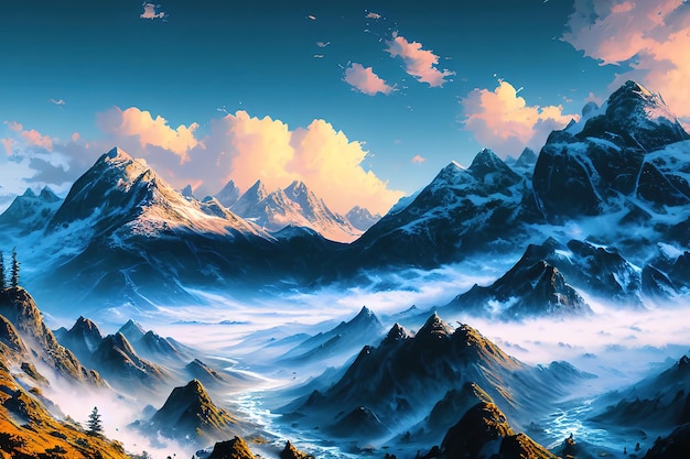 Realistic mountains composition with horizontal landscape and cliffs covered with snow with blue sky