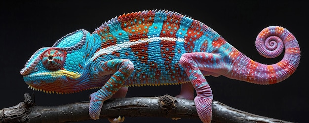 realistic multicolored chameleon with iridescent skin in speckles sitting on branch of a bush over black background