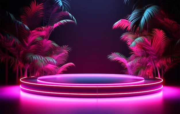 Realistic neon lights background with podium