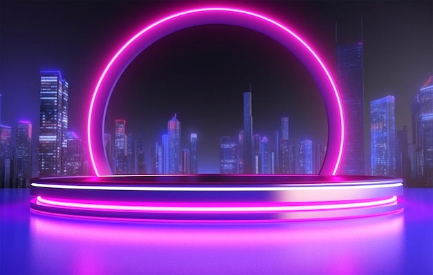 Realistic neon lights background with podium