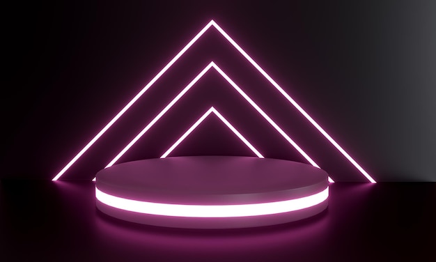 Realistic neon lights stage background with podium