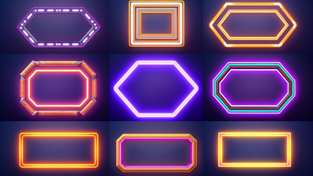 Realistic neon set frames different geometric