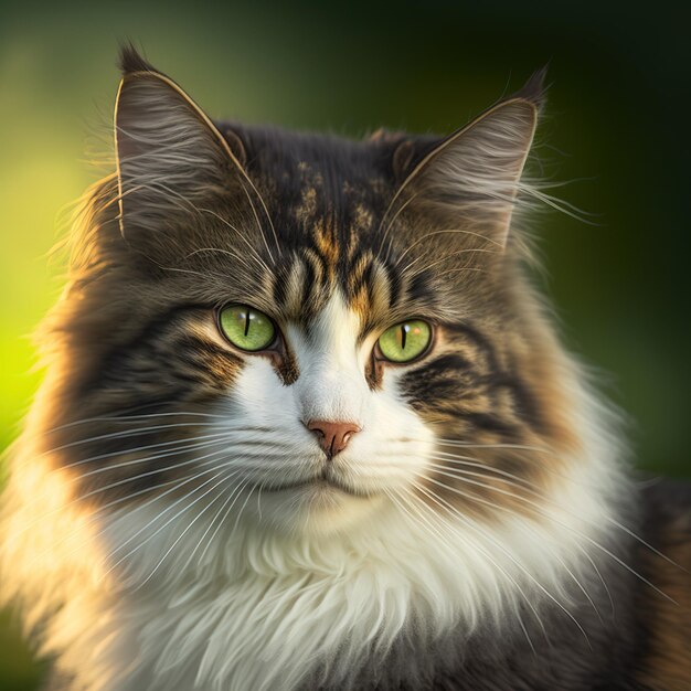 Realistic norwegian forest cat on ravishing natural outdoor background