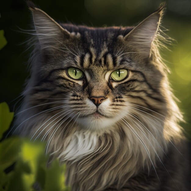 Realistic norwegian forest cat on ravishing natural outdoor background