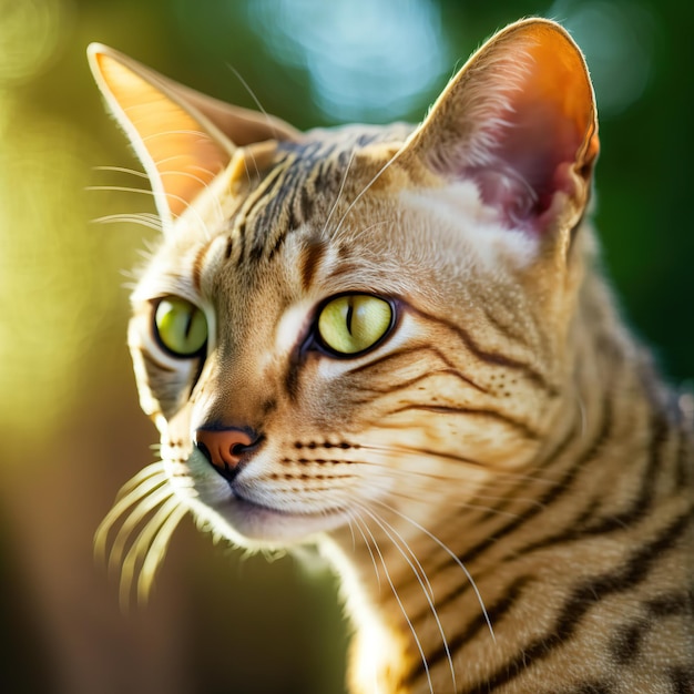 Realistic ocicat cat on ravishing natural outdoor background