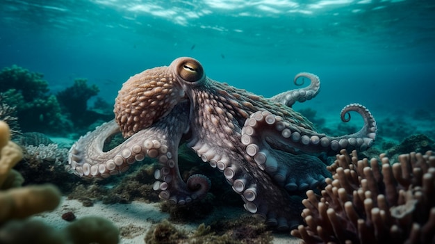 A Realistic Octopus Squirming Through a Reef in the Ocean Generative AI